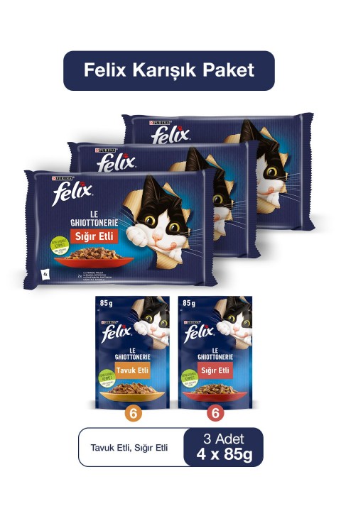 FELIX 4'lü Avantajlı Paket Yavru Tavuklu Pouch Yaş Kedi Maması 85 Gr - 3 Adet