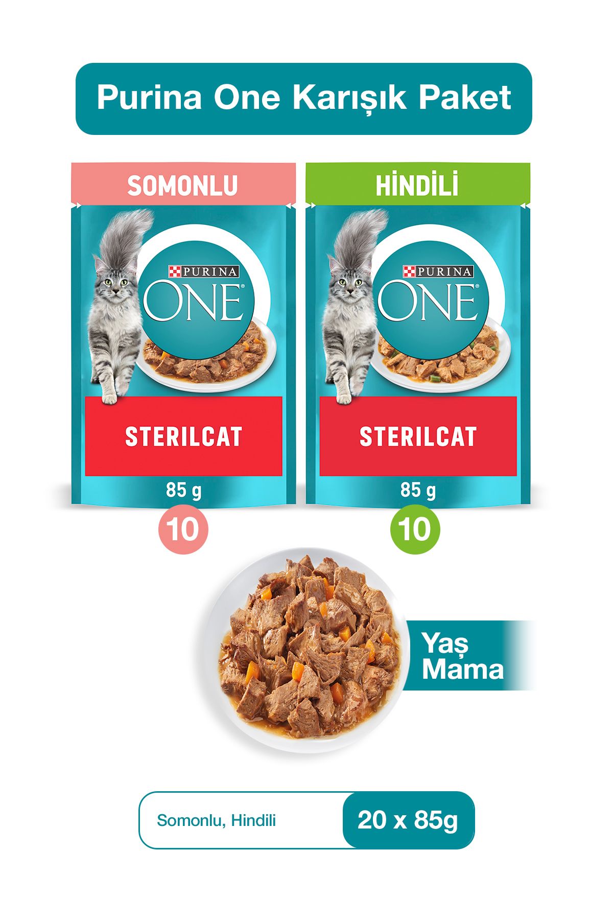 PURINA ONE Pouch Karışık Kedi Yaş Mama 85 Gr - Kısır Somon & Hindili - 20'Lİ PURINA ONE Pouch Karışık Kedi Yaş Mama 85 Gr - Kısır Somon & Hindili - 20'Lİ